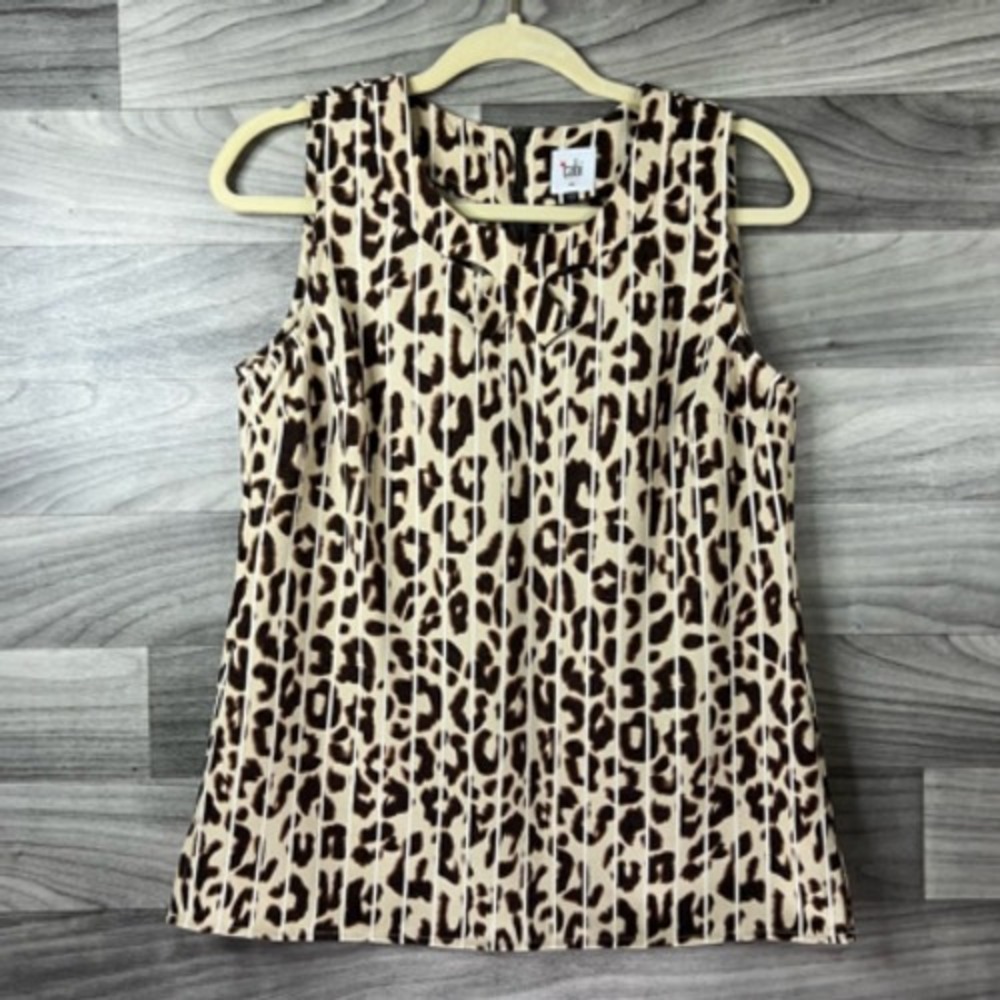 Cabi Blouse Women XS Brown Beige Animal Print Leopard Sleeveless Cutout Zip Fall